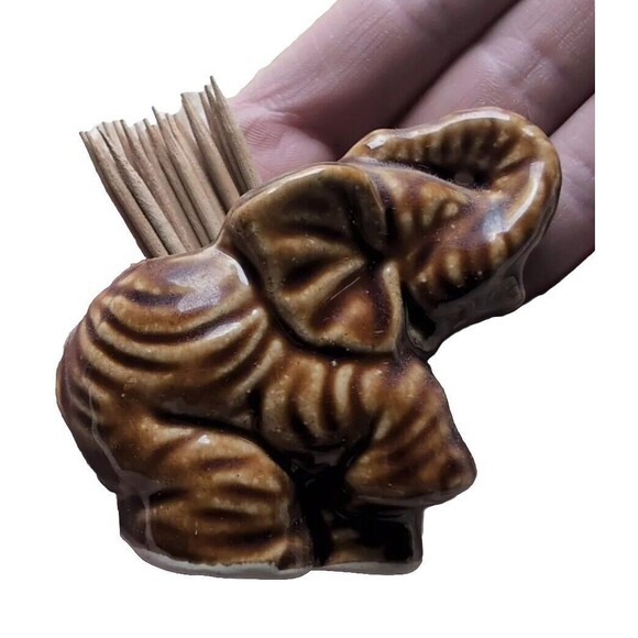 Vintage Mini 2" Elephant Toothpick/Match Holder Brown Ceramic - Picture 1 of 8